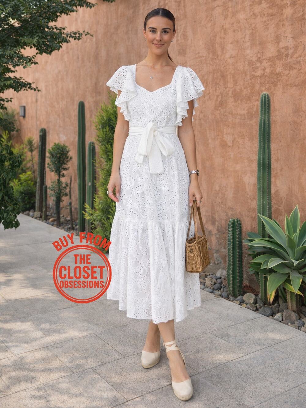 ZARA White Eyelet Midi Dress Cotton Resort Vacation Bridal Dress
